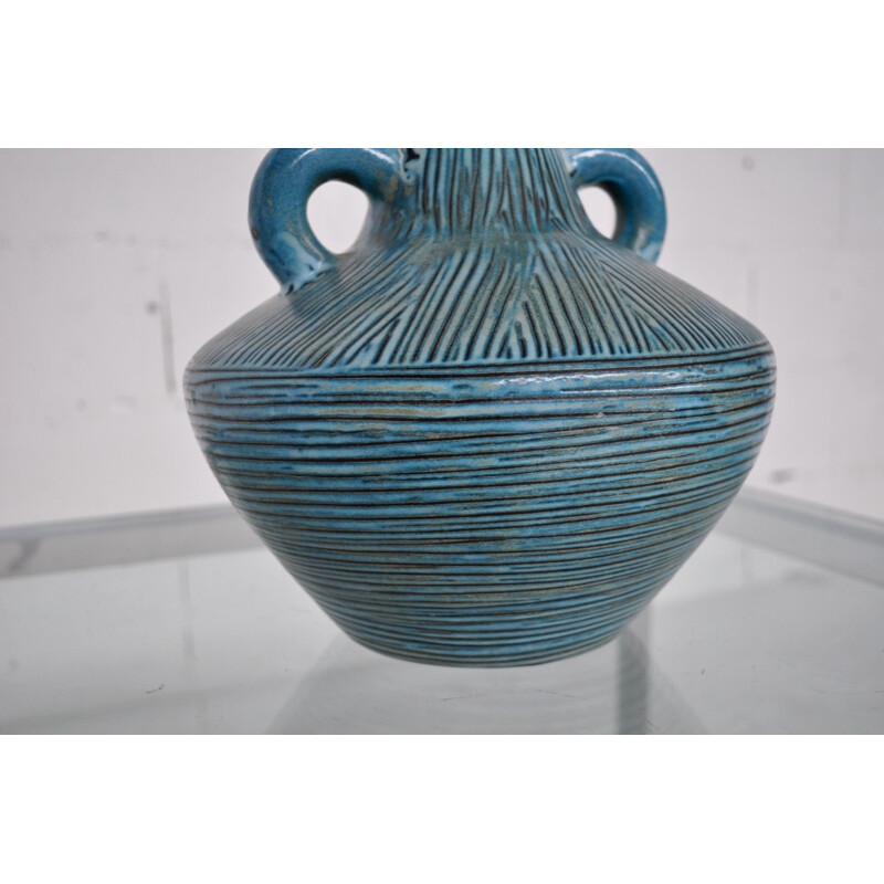 French Poterie d'Accolay vase in blue ceramic - 1950s