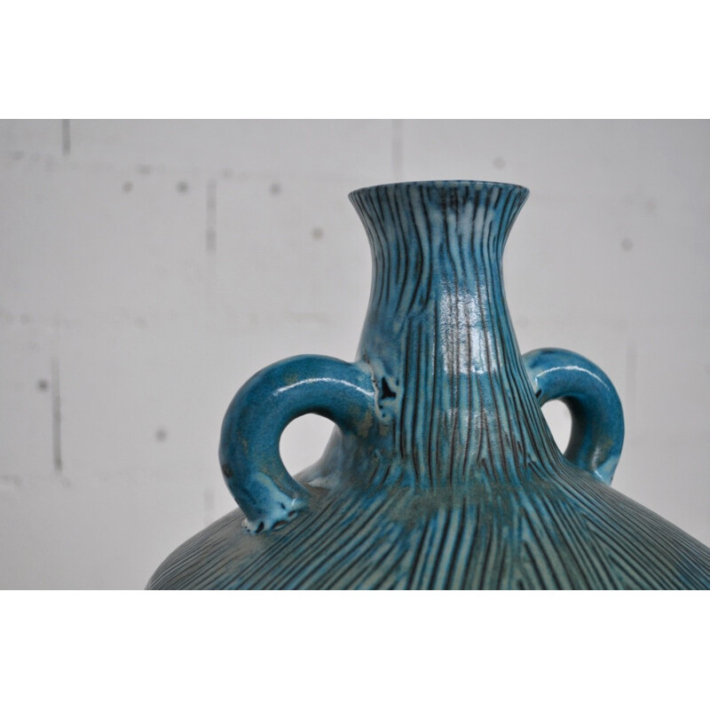 Vase Poterie d'Accolay en céramique bleu - 1950
