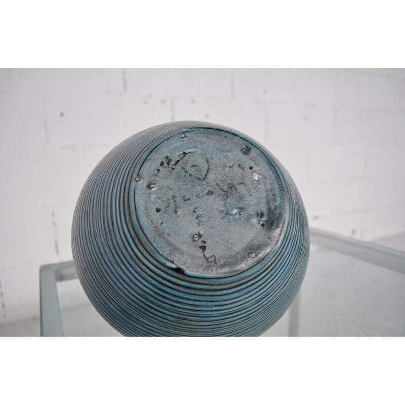 French Poterie d'Accolay vase in blue ceramic - 1950s