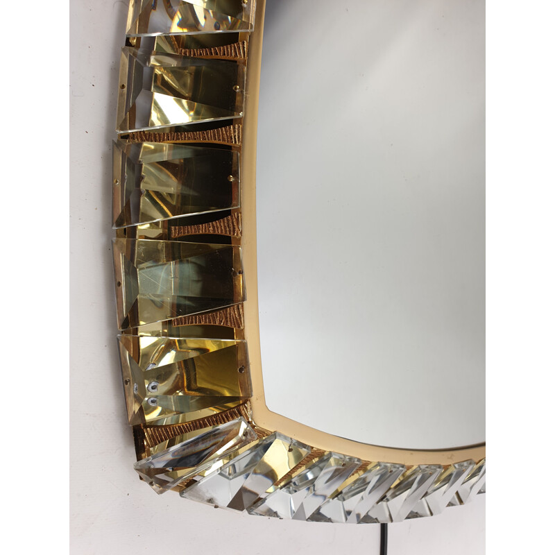 Miroir lumineux vintage en laiton et verre de cristal de Palwa, 1970