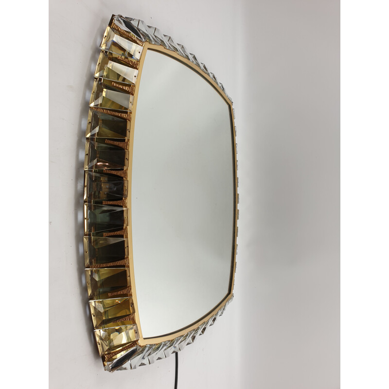 Miroir lumineux vintage en laiton et verre de cristal de Palwa, 1970