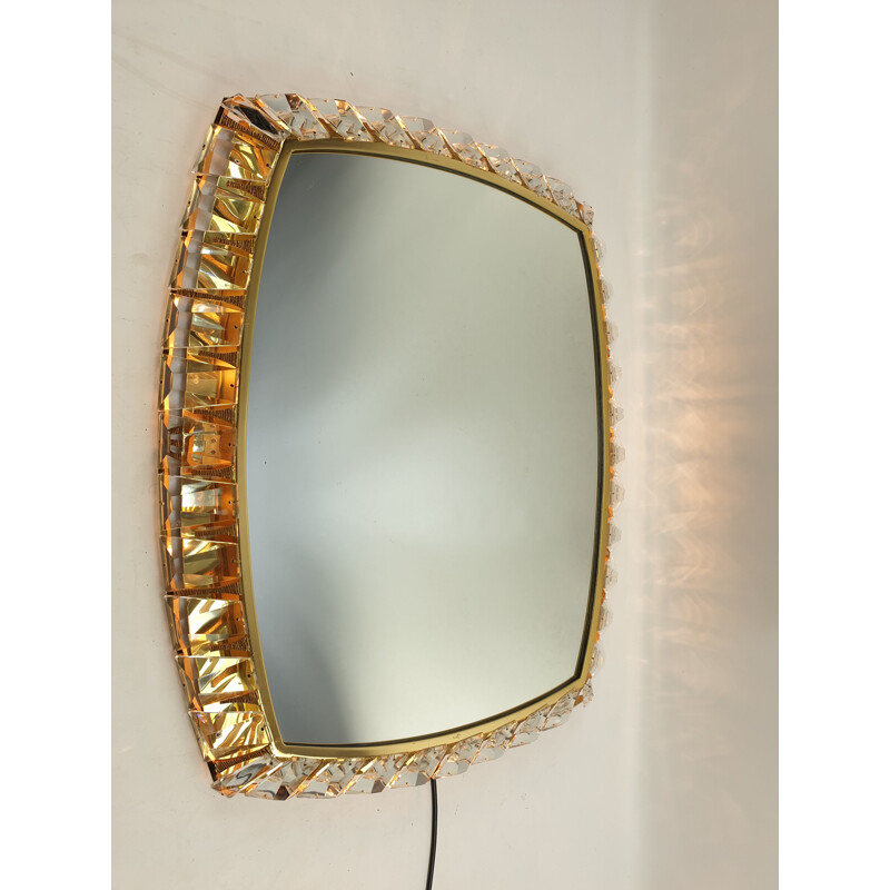 Espelho luminoso de latão e vidro cristal Vintage de Palwa, 1970
