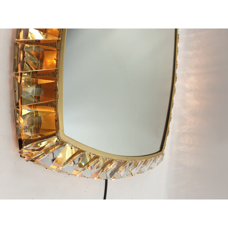 Espejo de luz vintage de latón y cristal de Palwa, 1970