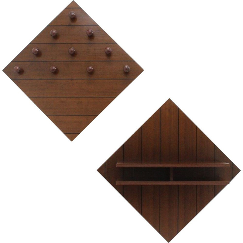 Pair of vintage wood hall hanger with shelf, 1970