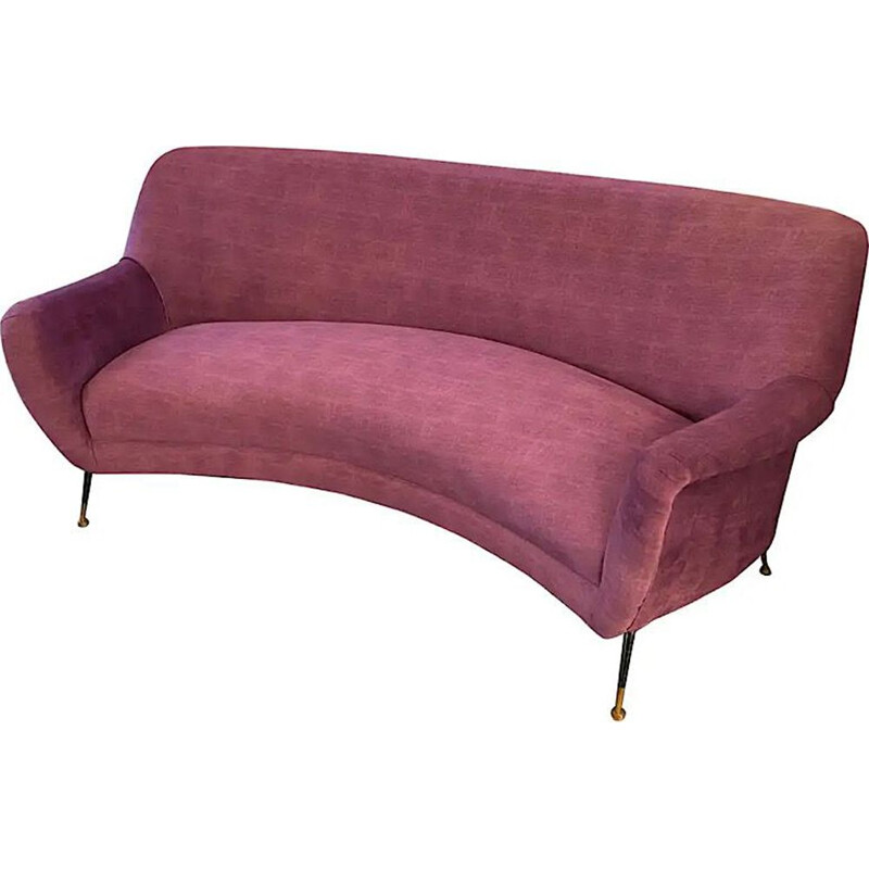 Vintage Modern Purple Velvet and Brass Curved Sofa, Italian 1960s