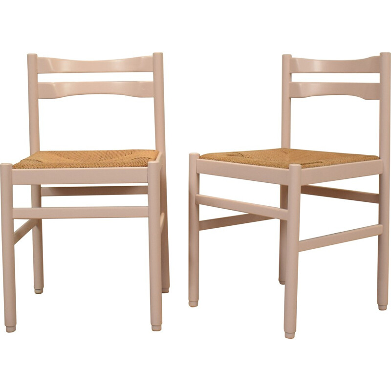 Pair of German chairs in beech wood with straw seat - 1970s