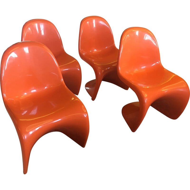 Set of 4 orange plastic chairs, Verner PANTON - 1972