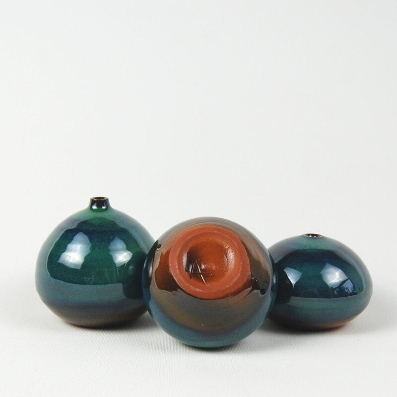 Trio of vintage miniature green ceramics by Antonio Lampecco