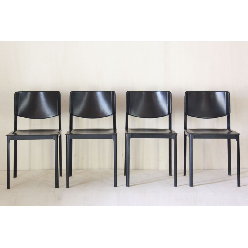 Vintage Postmodern Black Leather Dining Chairs By Matteo Grassi 1980s
