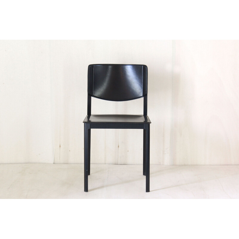 Vintage Postmodern Black Leather Dining Chairs By Matteo Grassi 1980s