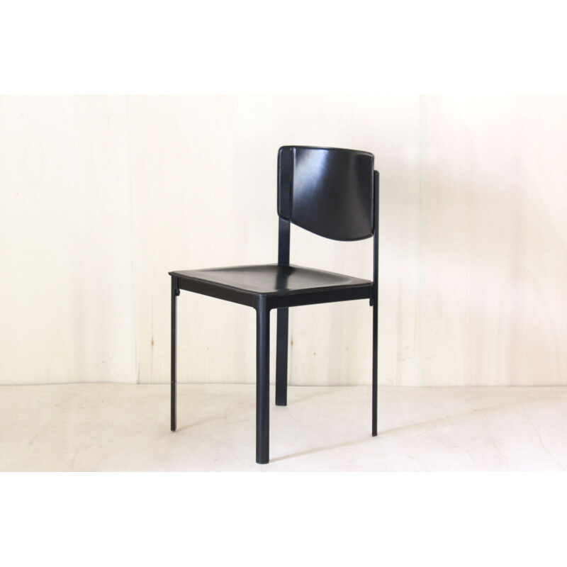 Vintage Postmodern Black Leather Dining Chairs By Matteo Grassi 1980s