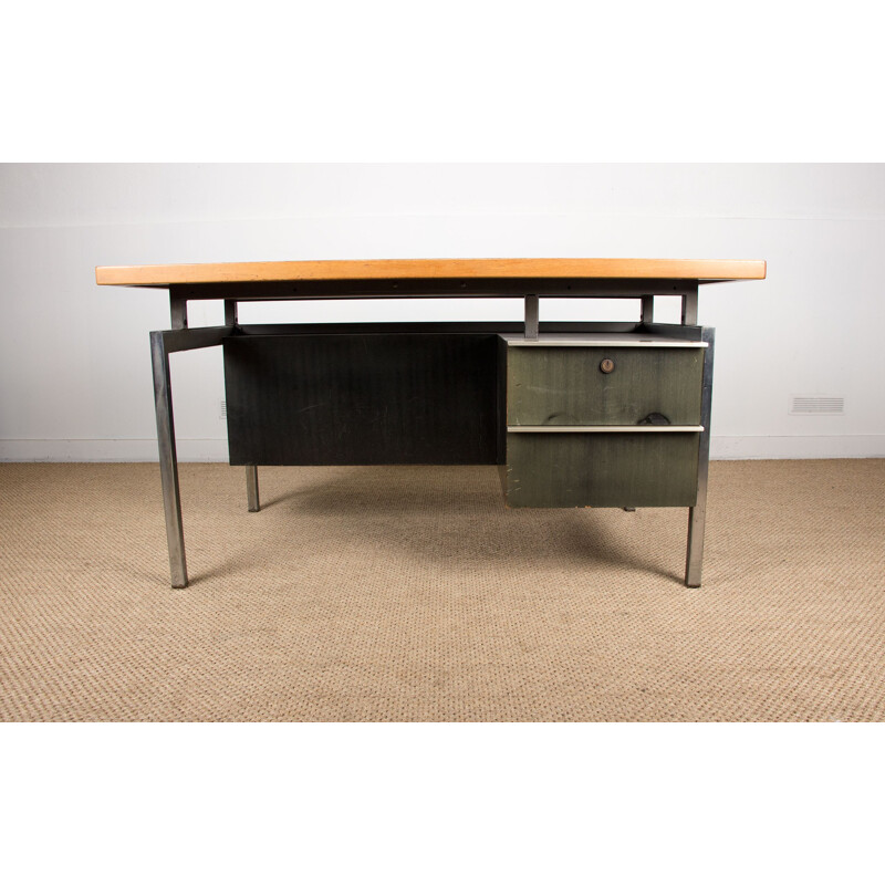 Large vintage double-sided industrial desk with beech aluminium and wood stained top 1970s