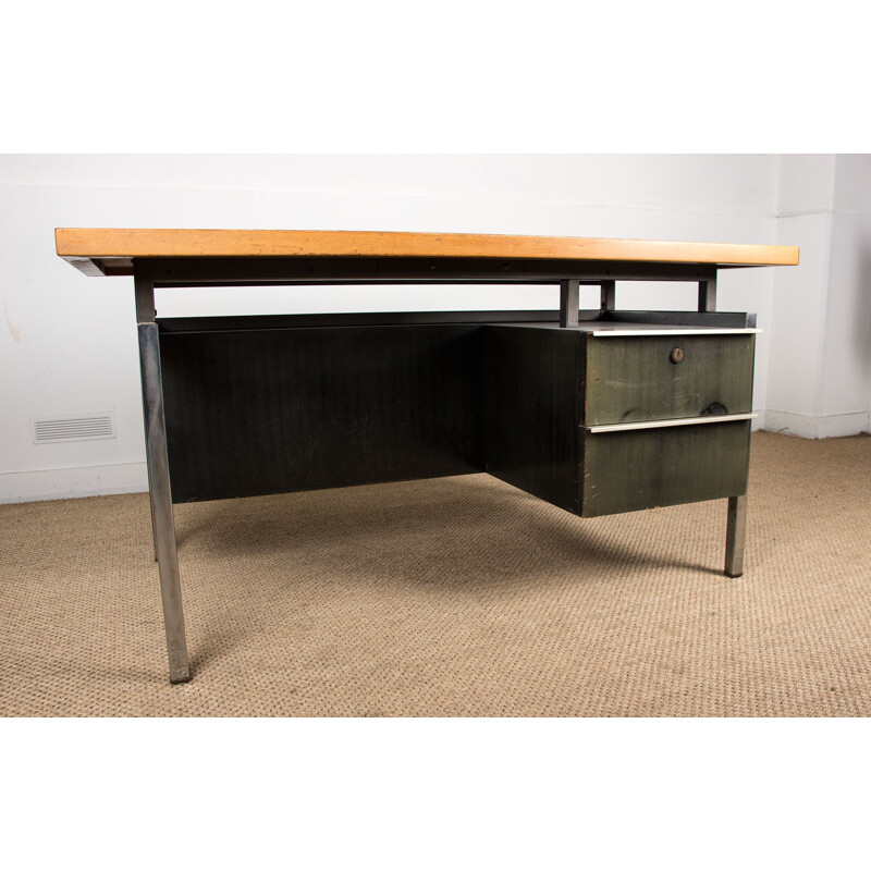 Large vintage double-sided industrial desk with beech aluminium and wood stained top 1970s