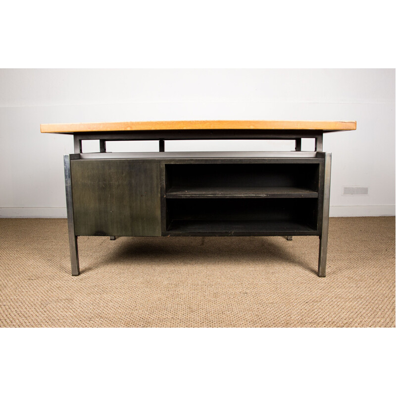 Large vintage double-sided industrial desk with beech aluminium and wood stained top 1970s