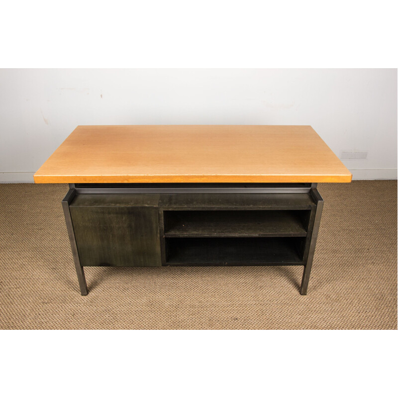Large vintage double-sided industrial desk with beech aluminium and wood stained top 1970s