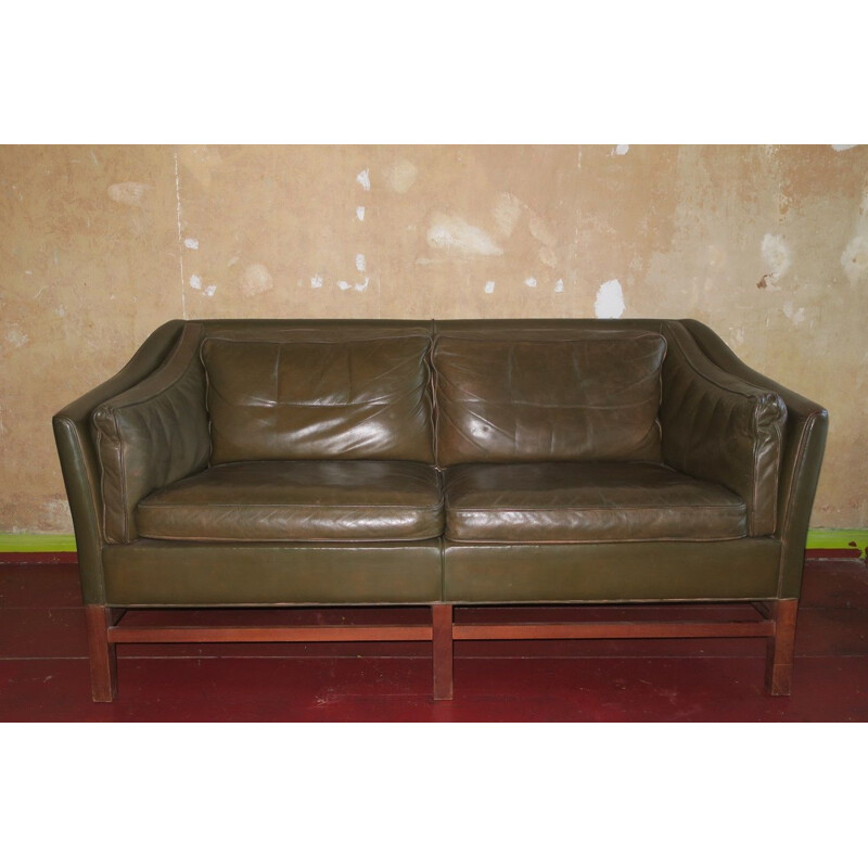 Vintage 2 seater sofa in dark olive green leather and teak frame by Grant, Denmark 1960