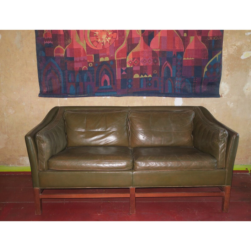 Vintage 2 seater sofa in dark olive green leather and teak frame by Grant, Denmark 1960