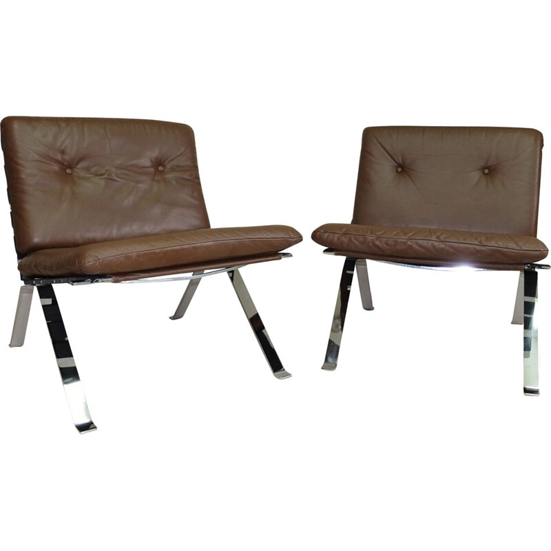 Paire de fauteuils lounge Girsberger Heinrich en cuir brun et acier chromé - 1960