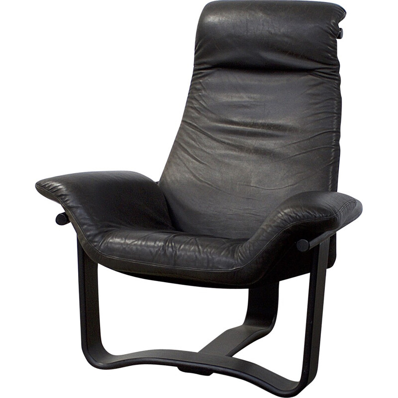 Westnofa easy chair in wood and black leather, Ingmar RELLING - 1970s