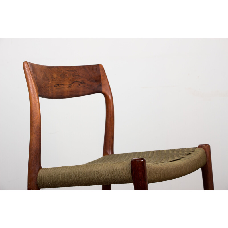 Lot de 4 chaises vintage en palissandre de Rio et tressage coton par N.O.Moller, Danemark 1960