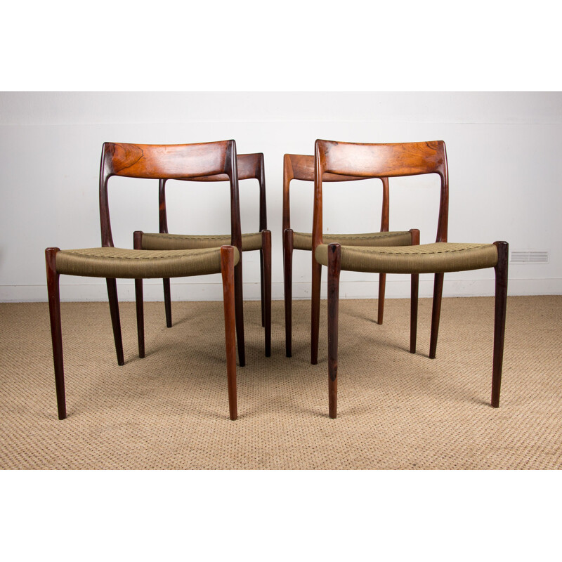 Set of 4 vintage chairs in Rio rosewood and cotton weave by N.O.Moller, Denmark 1960s