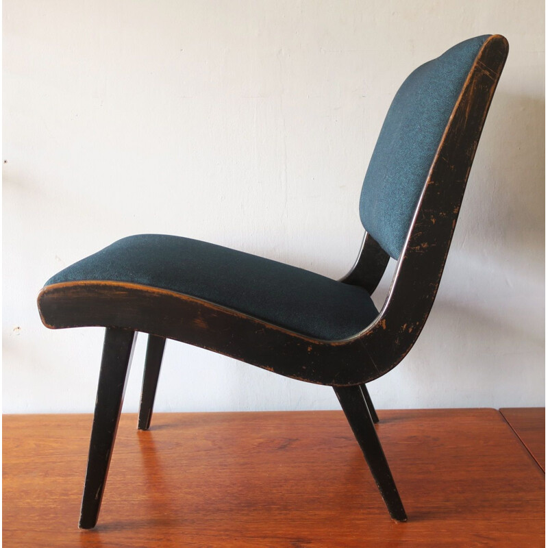 Vintage Armless Chair with Ebonized Frame and Petrol Blue-Green Covers by Jens Risom