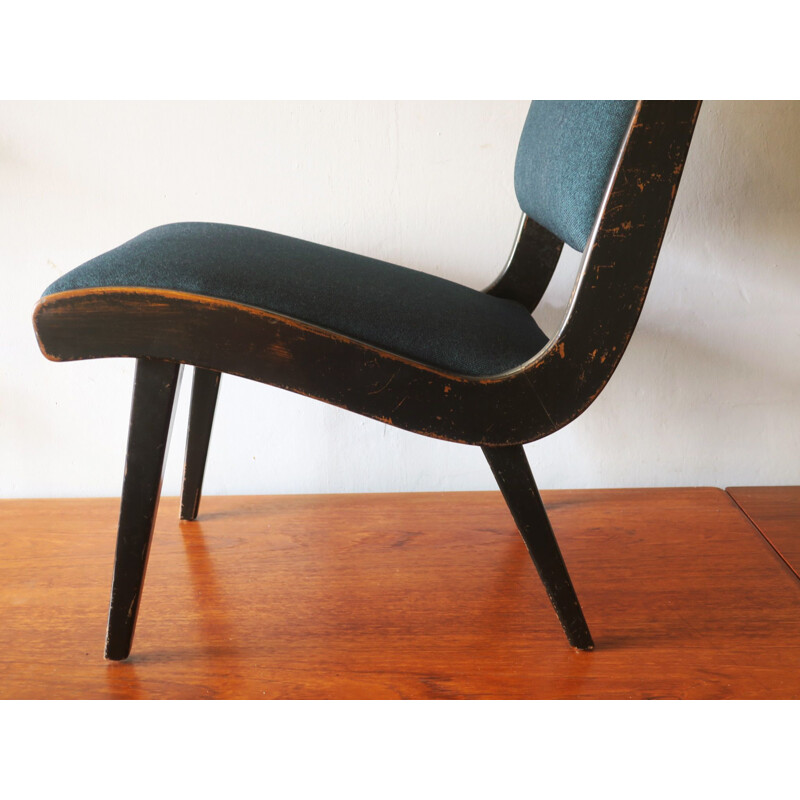 Vintage Armless Chair with Ebonized Frame and Petrol Blue-Green Covers by Jens Risom