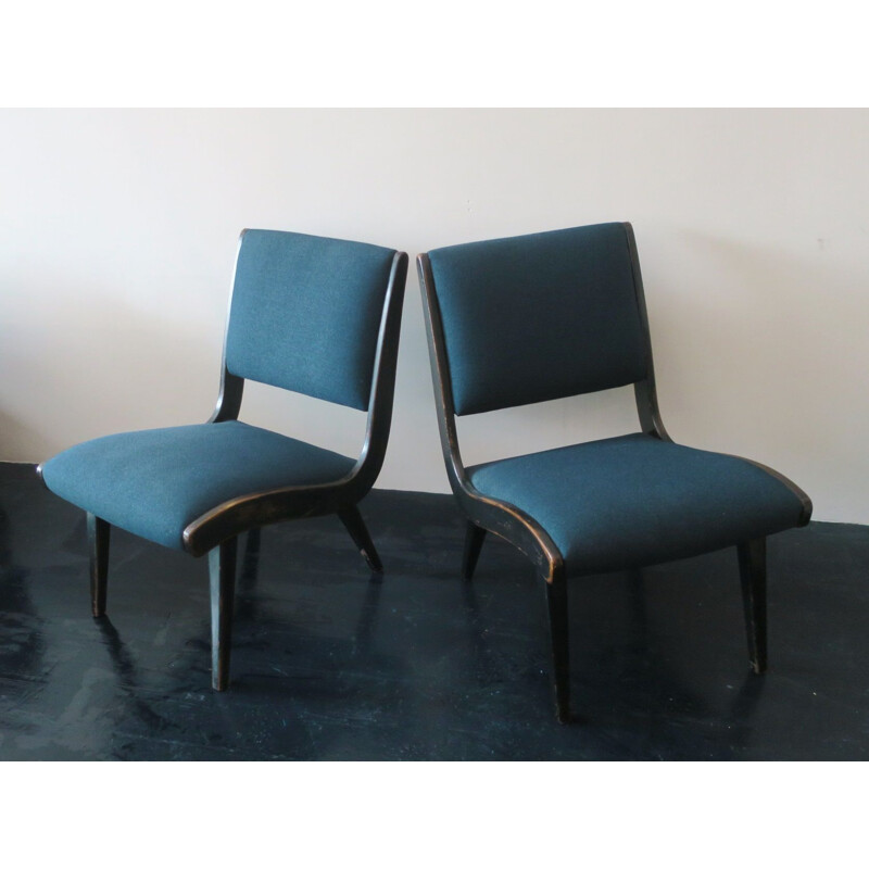 Vintage Armless Chair with Ebonized Frame and Petrol Blue-Green Covers by Jens Risom