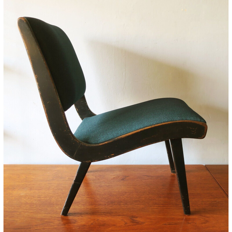 Pair of vintage Armless Chair with Ebonized Frame and Petrol Blue-Green Covers by Jens Risom 1941s