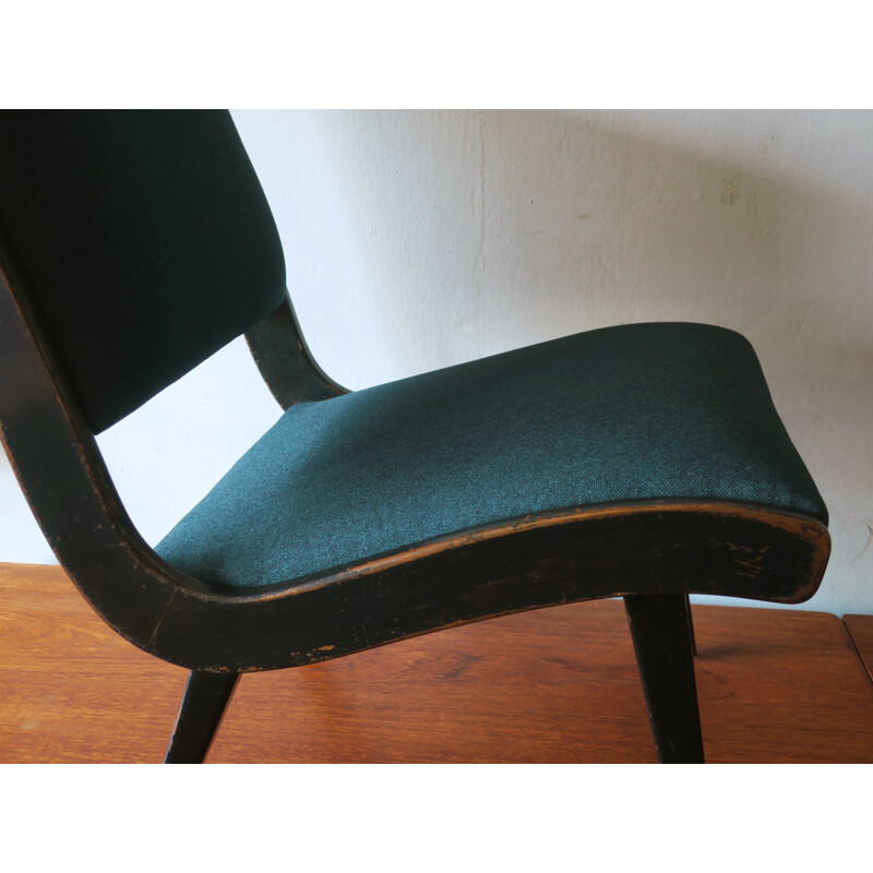 Pair of vintage Armless Chair with Ebonized Frame and Petrol Blue-Green Covers by Jens Risom 1941s