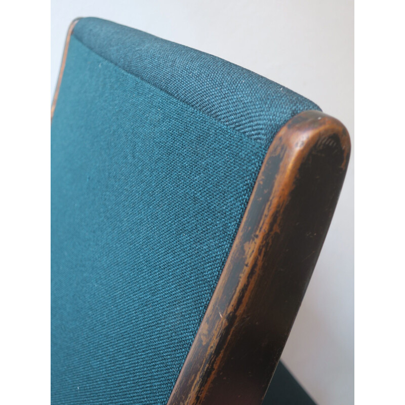 Paire de chaise vintage sans bras avec cadre en ébonite et revêtement bleu-vert pétrole par Jens Risom 1941