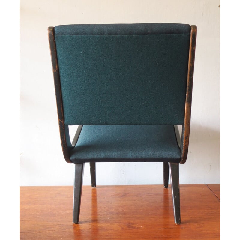 Paire de chaise vintage sans bras avec cadre en ébonite et revêtement bleu-vert pétrole par Jens Risom 1941