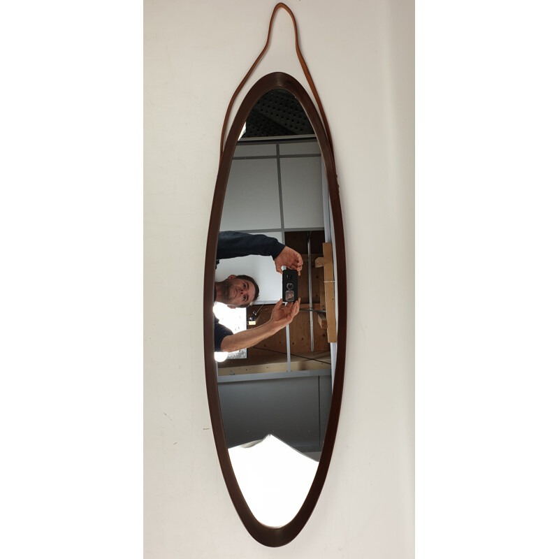 Vintage oval wall mirror in teak, Italian 1950s