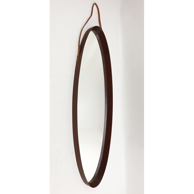 Vintage oval wall mirror in teak, Italian 1950s