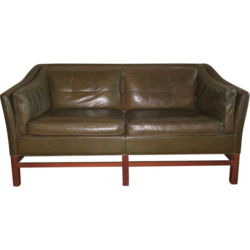 Vintage 2 seater sofa in dark olive green leather and teak frame by Grant, Denmark 1960