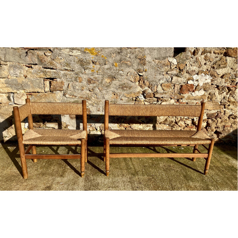 Vintage straight bench and its return in ash and straw 1960