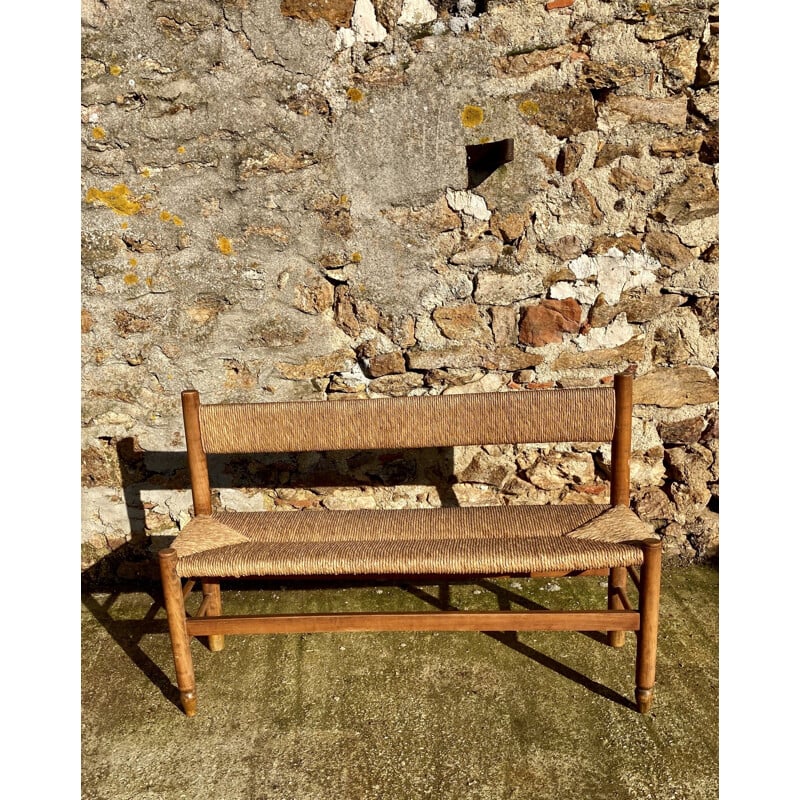 Vintage straight bench and its return in ash and straw 1960