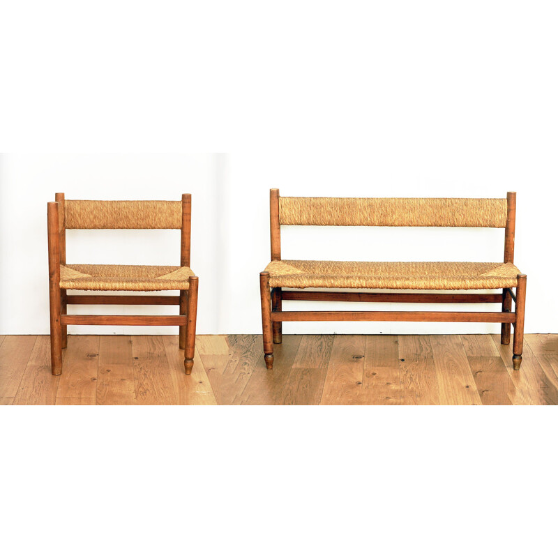 Vintage straight bench and its return in ash and straw 1960