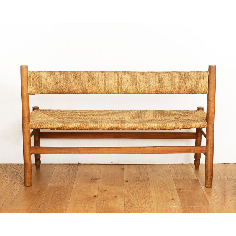 Vintage straight bench and its return in ash and straw 1960