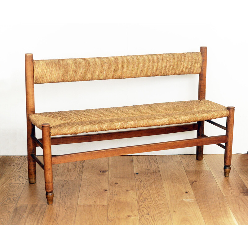 Vintage straight bench and its return in ash and straw 1960