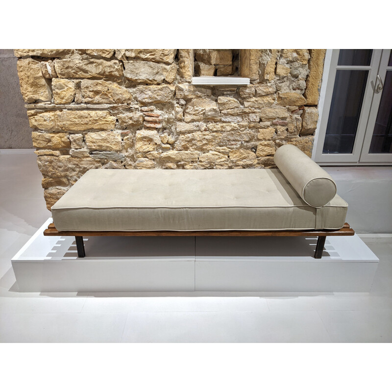 Vintage Cansado bench with grey mattress and cushion by Charlotte Perriand 1954