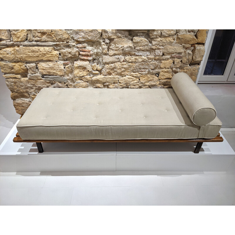 Vintage Cansado bench with grey mattress and cushion by Charlotte Perriand 1954