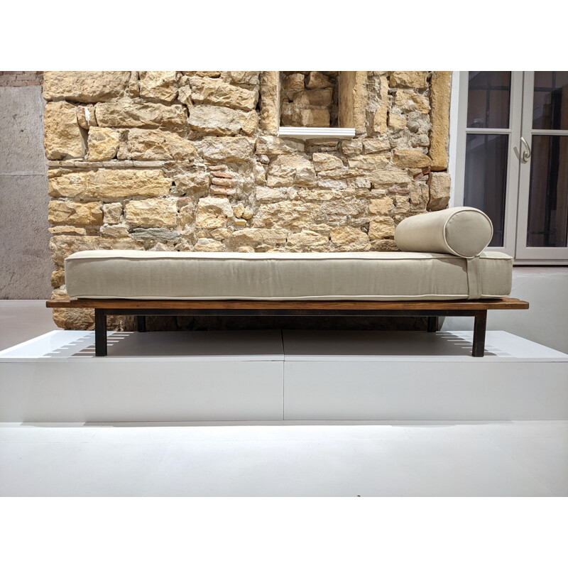 Vintage Cansado bench with grey mattress and cushion by Charlotte Perriand 1954