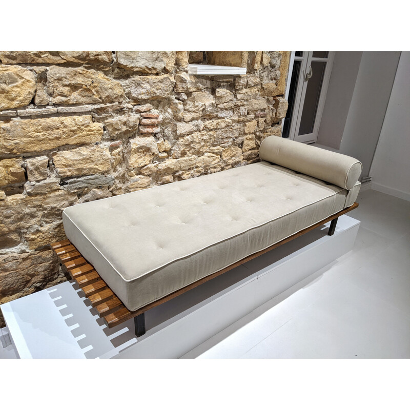 Vintage Cansado bench with grey mattress and cushion by Charlotte Perriand 1954