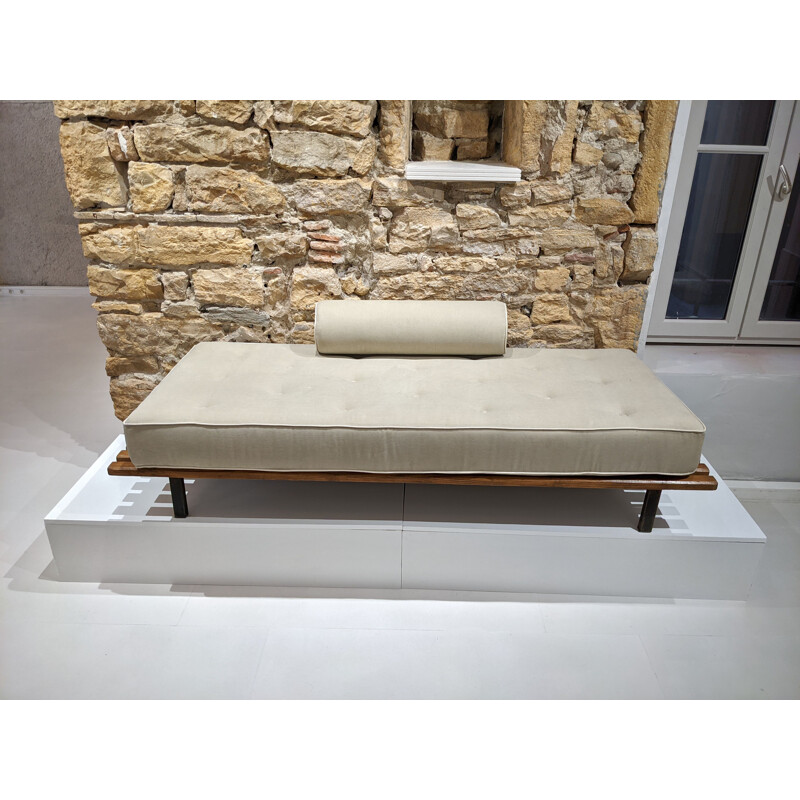 Vintage Cansado bench with grey mattress and cushion by Charlotte Perriand 1954