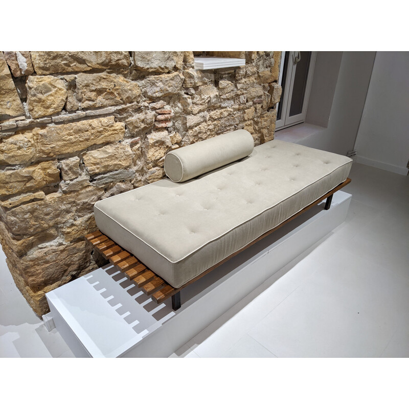 Vintage Cansado bench with grey mattress and cushion by Charlotte Perriand 1954