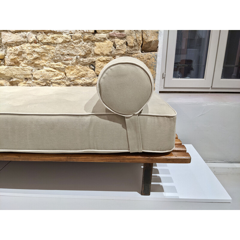 Vintage Cansado bench with grey mattress and cushion by Charlotte Perriand 1954