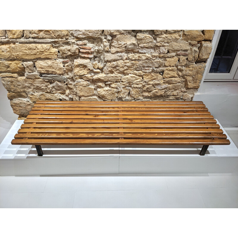 Vintage Cansado bench with grey mattress and cushion by Charlotte Perriand 1954