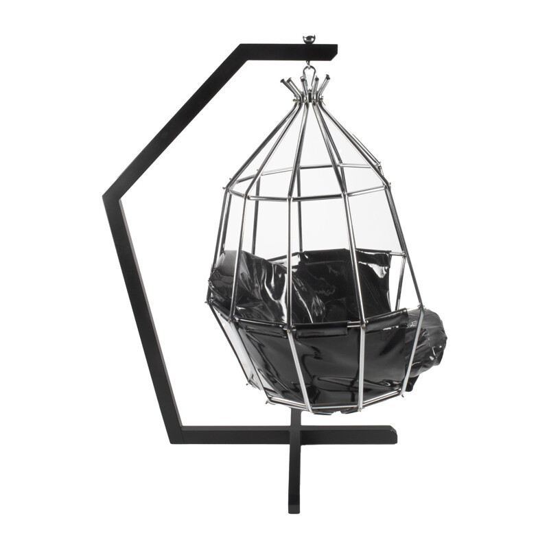 Chaise pivotante vintage noire en forme de cage à perroquet par Ib Arberg, Suède 1970
