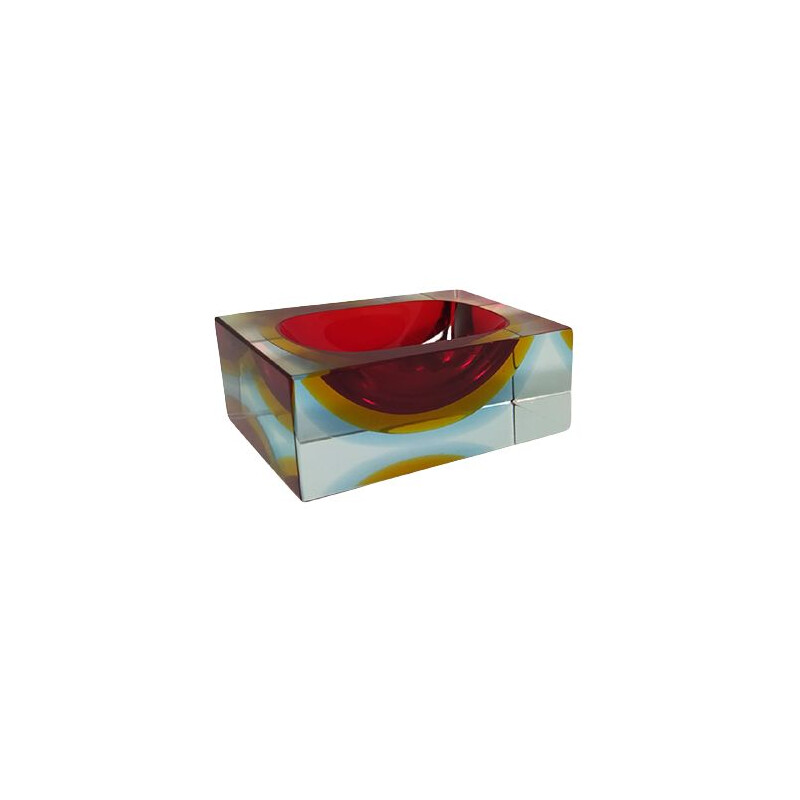 Vintage rectangular red and blue ashtray or empty pocket in Murano glass by Flavio Poli for Seguso 1960